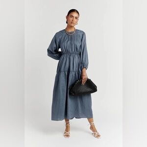 Dissh Women’s 14 Linen Impala Steel Blue Midi Dress Open Back Long Sleeve $189